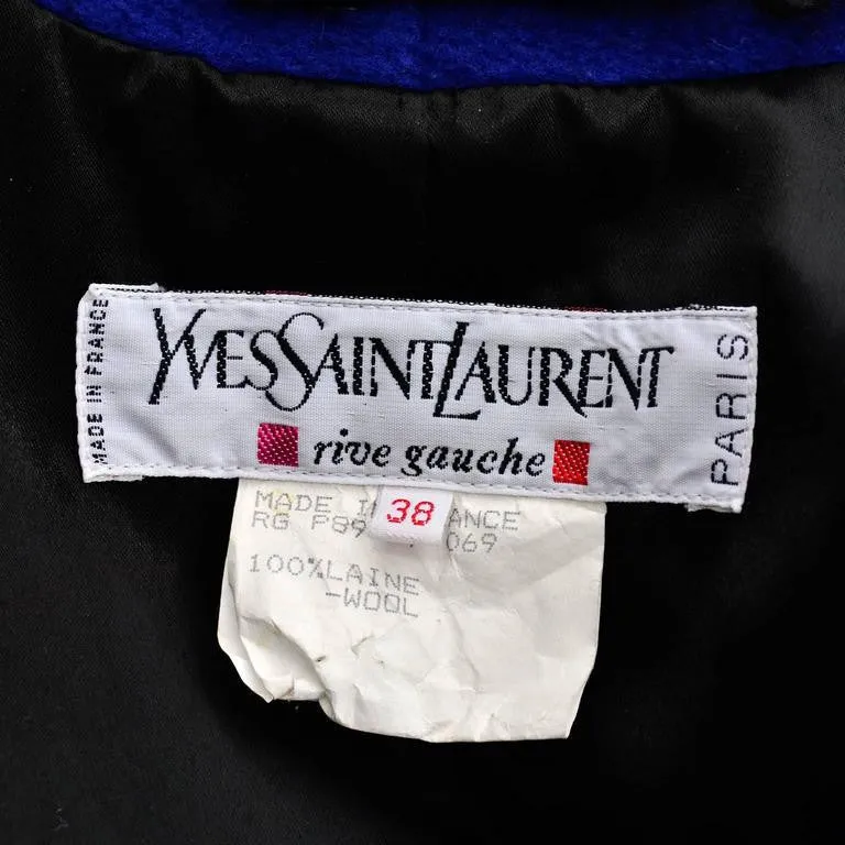 1980s Yves Saint Laurent YSL Blue Wool Vintage Coat with Curly Lambswool Size 38