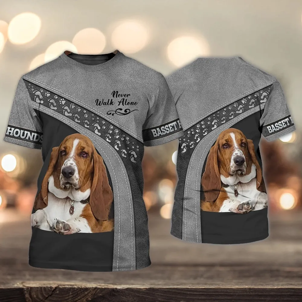 3D Dog T Shirts, Basset Hounds Never Walk Alone All Over Print T-Shirt, Gift For Pet Loves