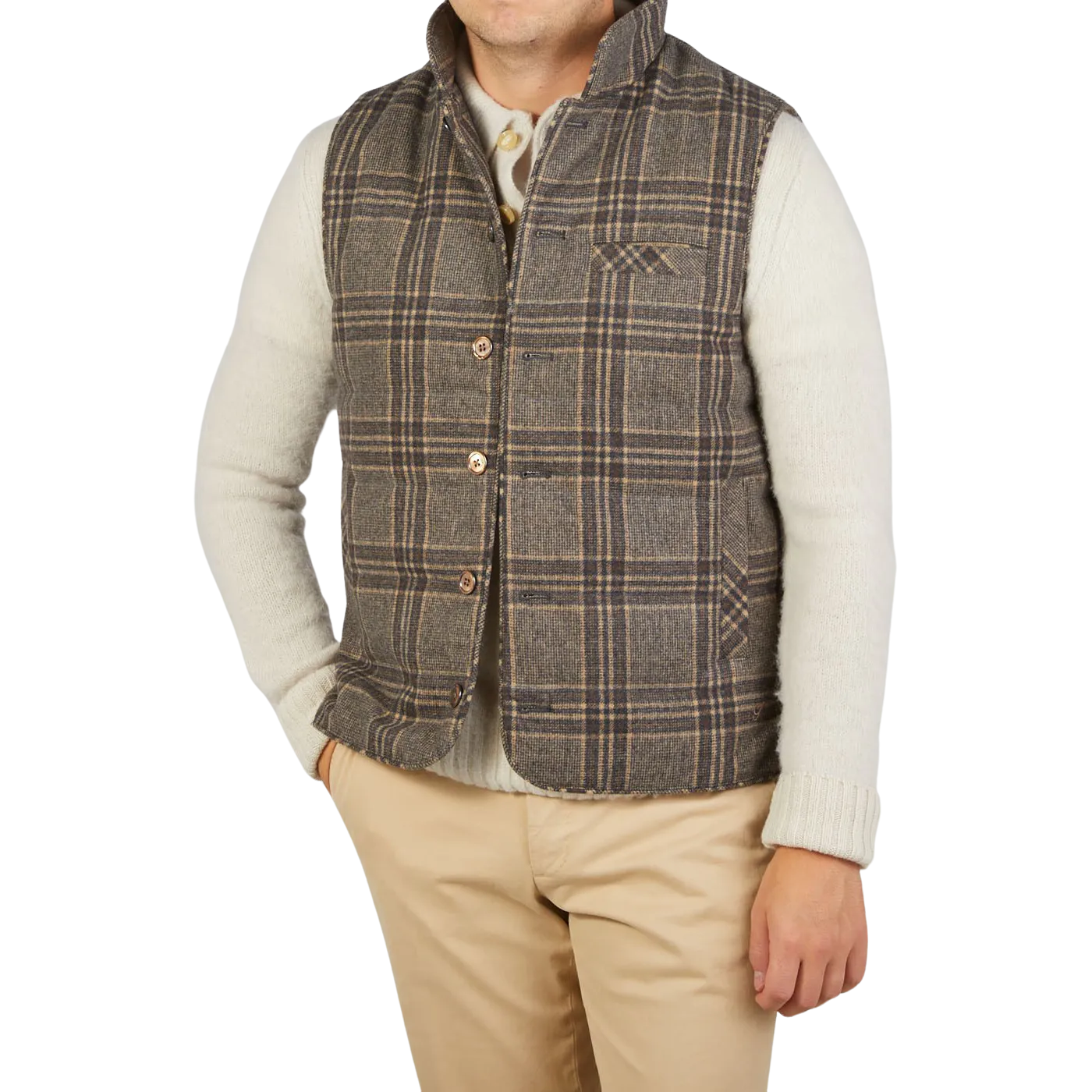 Beige Checked Wool Down Padded Gilet