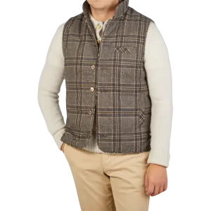 Beige Checked Wool Down Padded Gilet