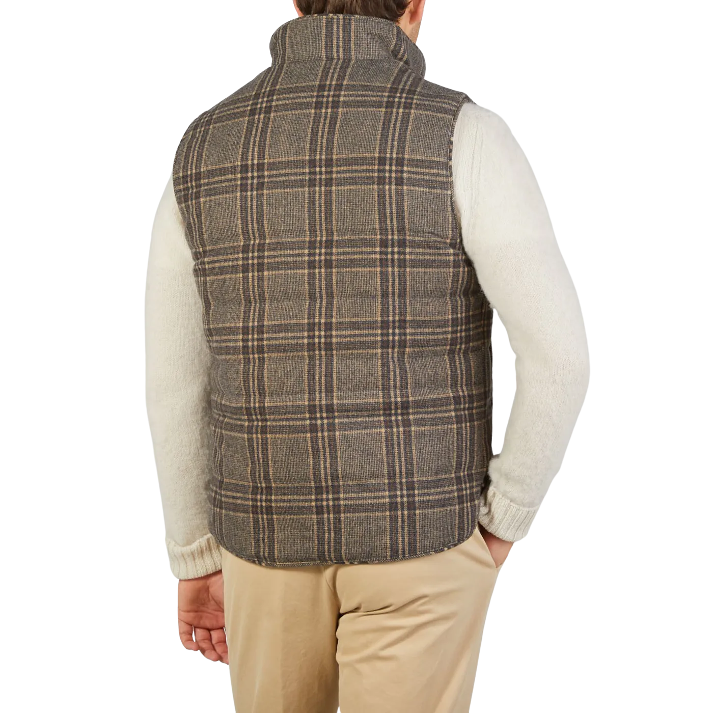 Beige Checked Wool Down Padded Gilet