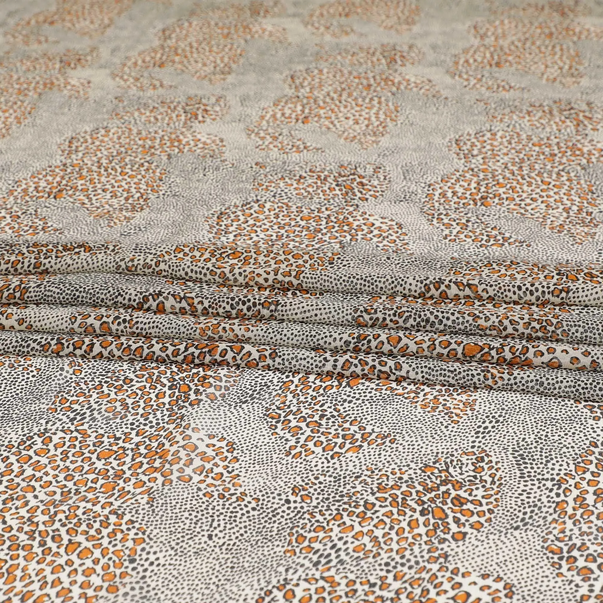 Beige pure silk chiffon fabric with black and squash orange print in animal skin design-D9306