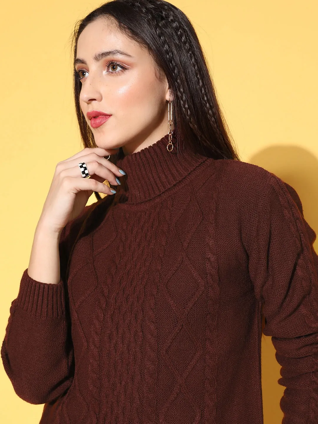 Berrylush Women Maroon Quirky Pattern Turtle Neck Acrylic Straight Hem Regular Pullover