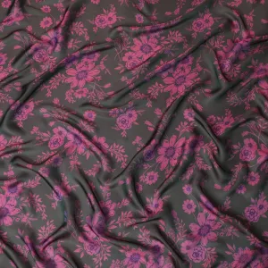 Black Premium pure silk chiffon fabric with hot pink and purple print in floral design-D14659