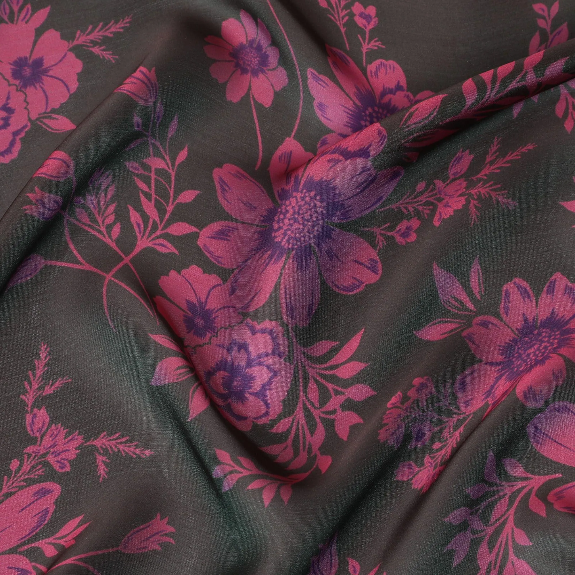 Black Premium pure silk chiffon fabric with hot pink and purple print in floral design-D14659