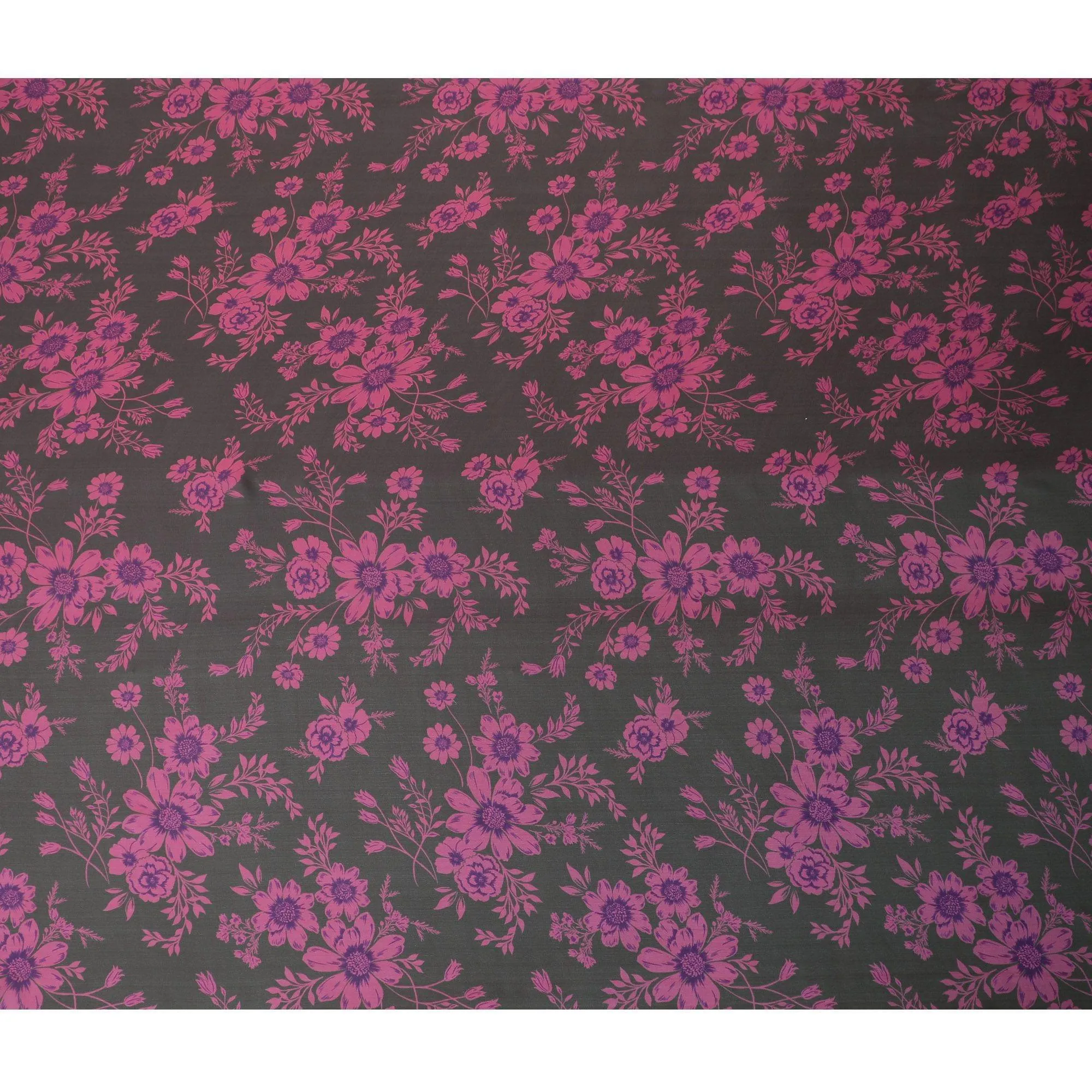 Black Premium pure silk chiffon fabric with hot pink and purple print in floral design-D14659