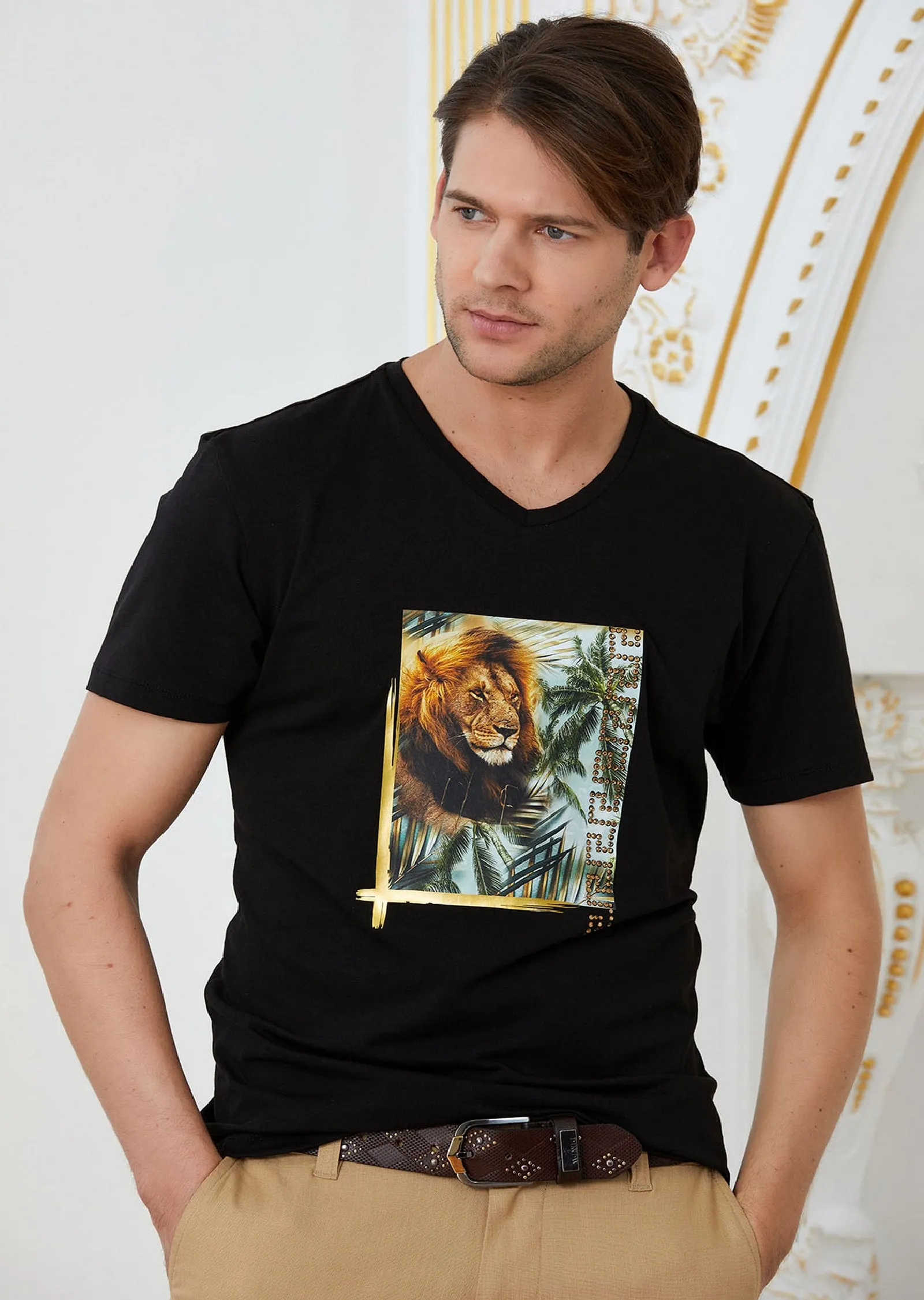 Black "Lion Meander" Rhinestone Tee