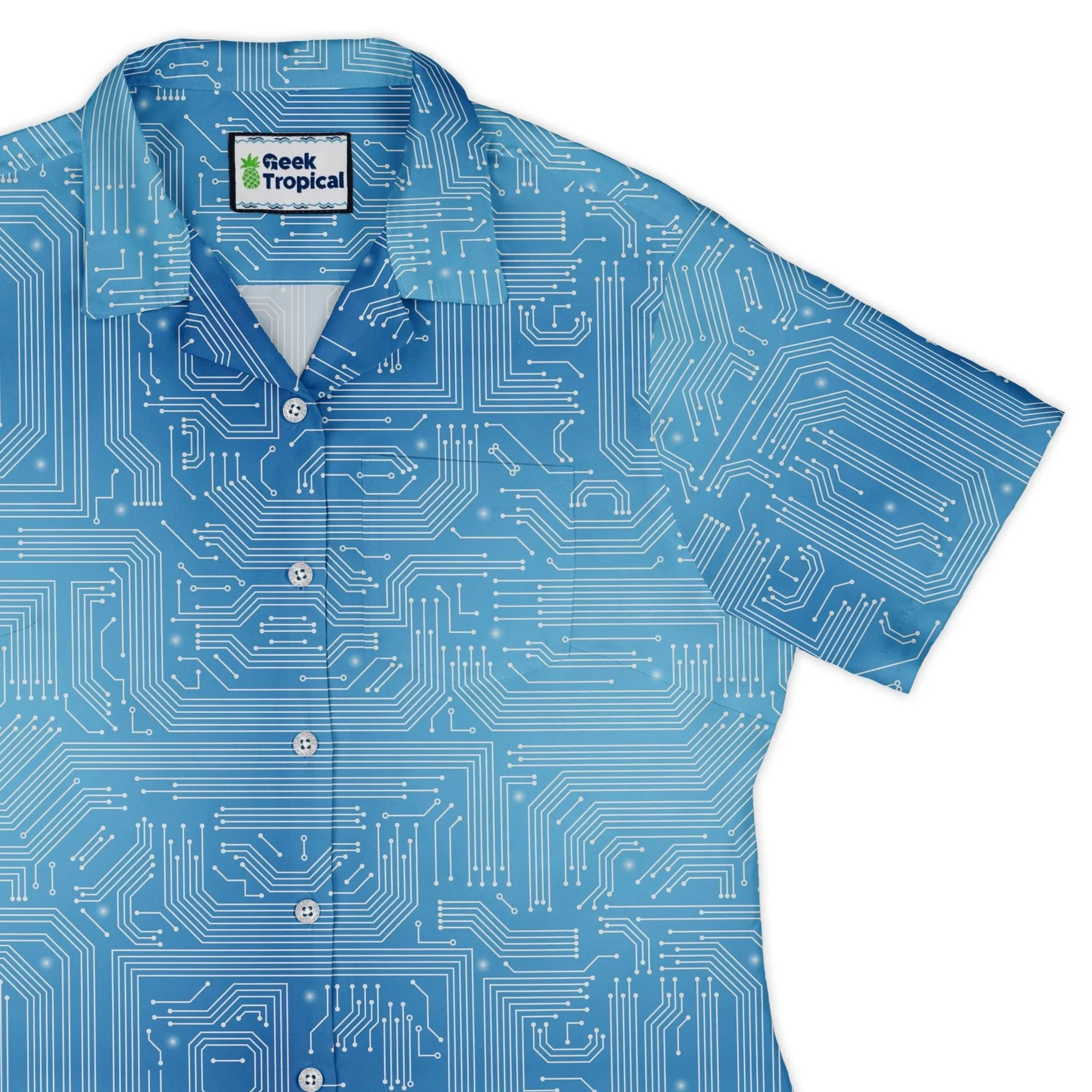 Blue Computer Circuit Board Curvy Button Up Shirt