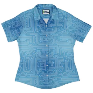 Blue Computer Circuit Board Curvy Button Up Shirt