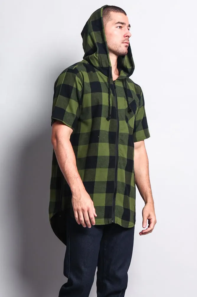 Buffalo Plaid Zip Up Short Sleeve Fishtail Hoodie