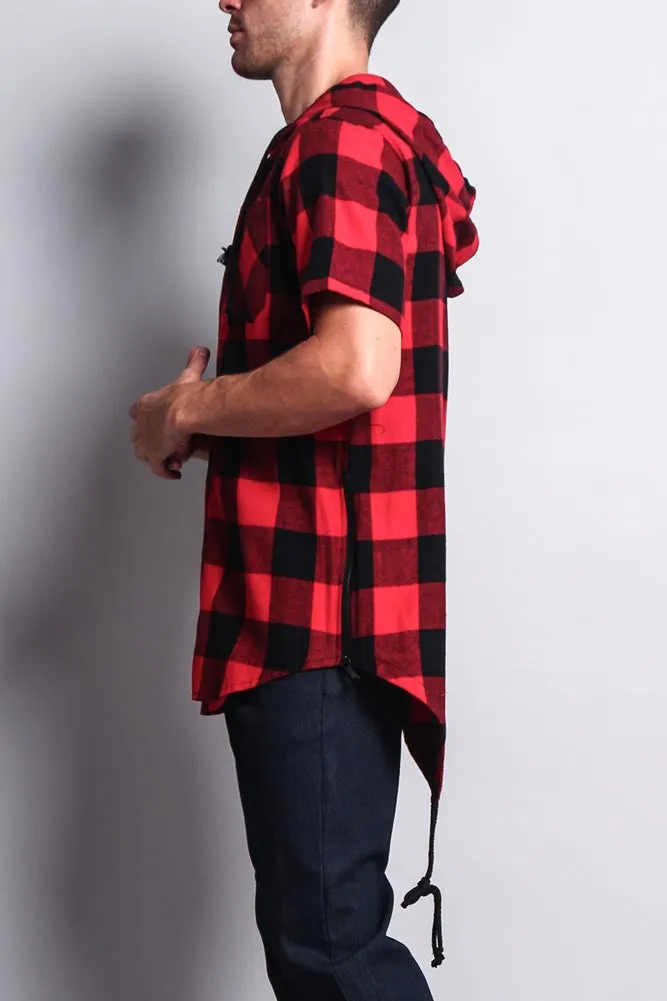 Buffalo Plaid Zip Up Short Sleeve Fishtail Hoodie