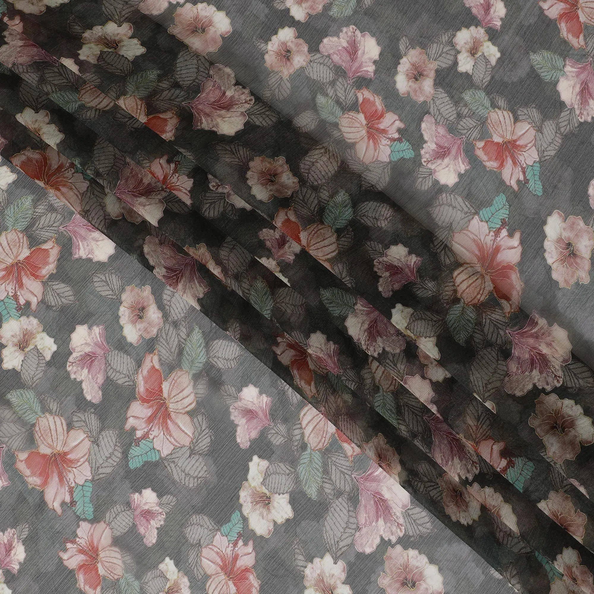 Charcoal grey Premium pure wrinkle silk chiffon fabric with multicolor print in floral design-D17006