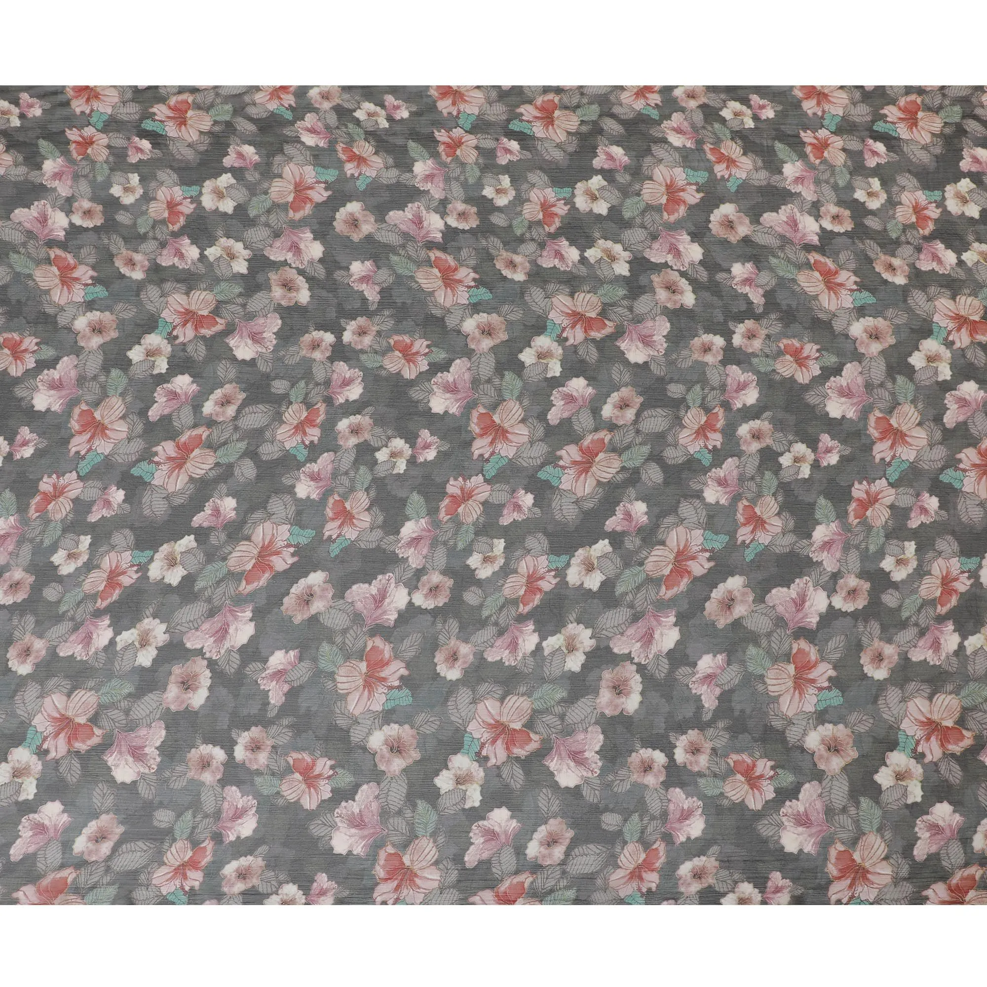 Charcoal grey Premium pure wrinkle silk chiffon fabric with multicolor print in floral design-D17006