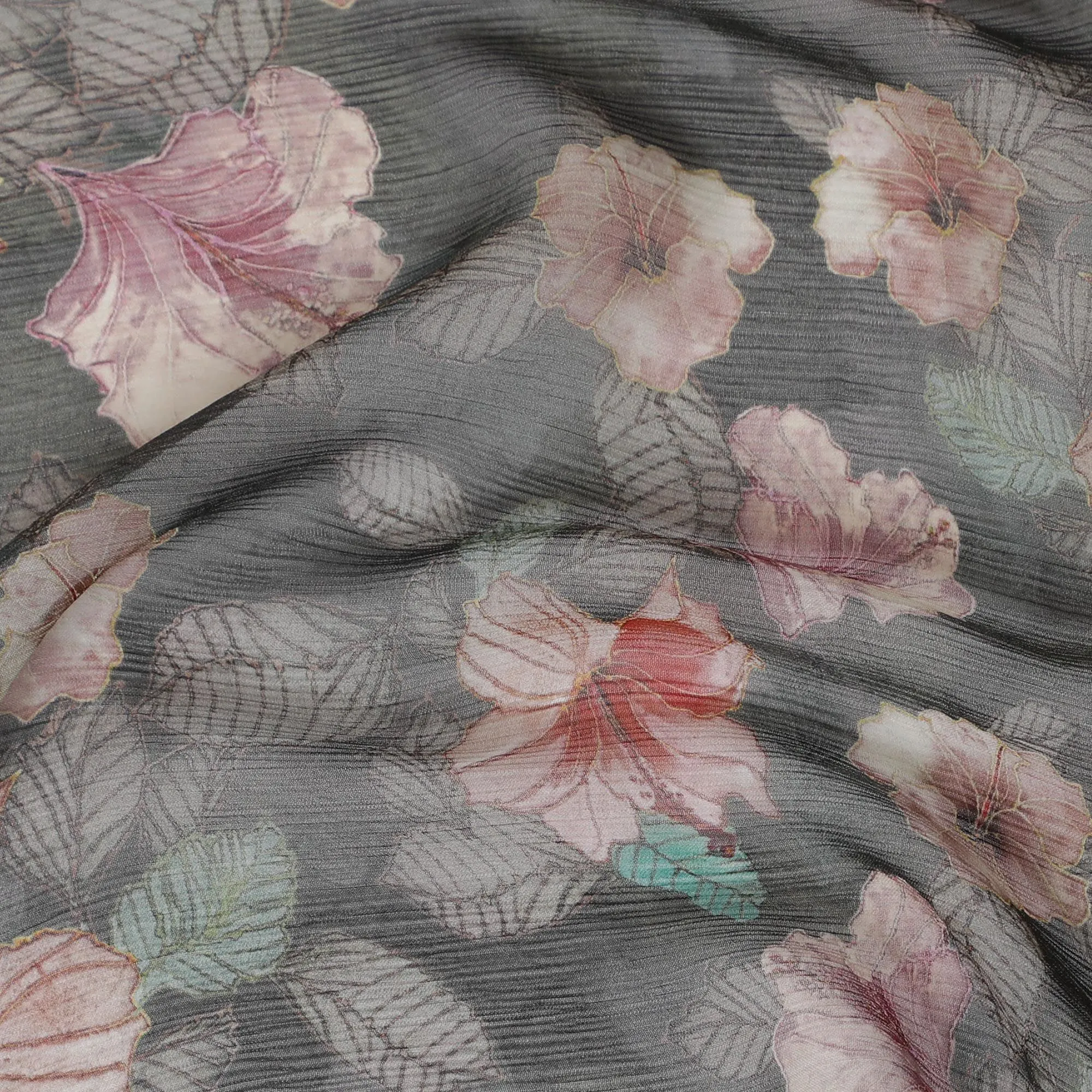 Charcoal grey Premium pure wrinkle silk chiffon fabric with multicolor print in floral design-D17006