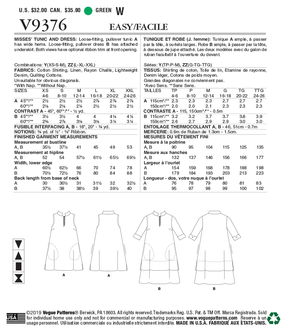 CLEARANCE • VOGUE PATTERN  MISSES' TUNIC AND DRESS 9376