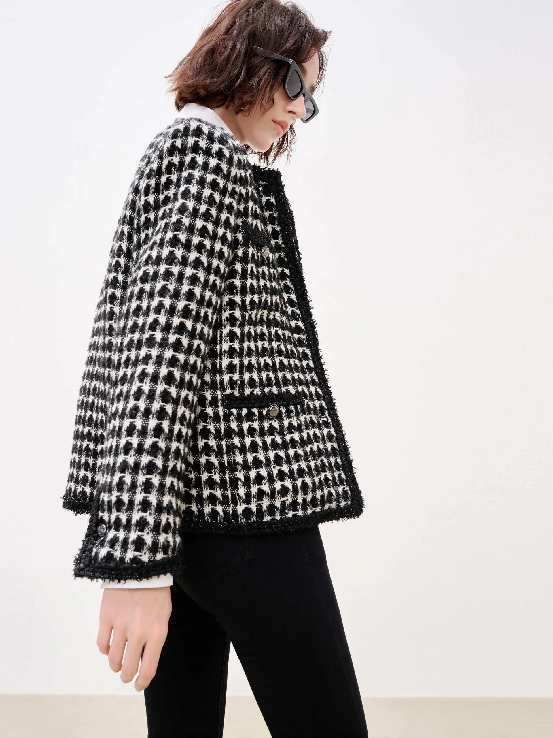 Collarless Checked Tweed Jacket