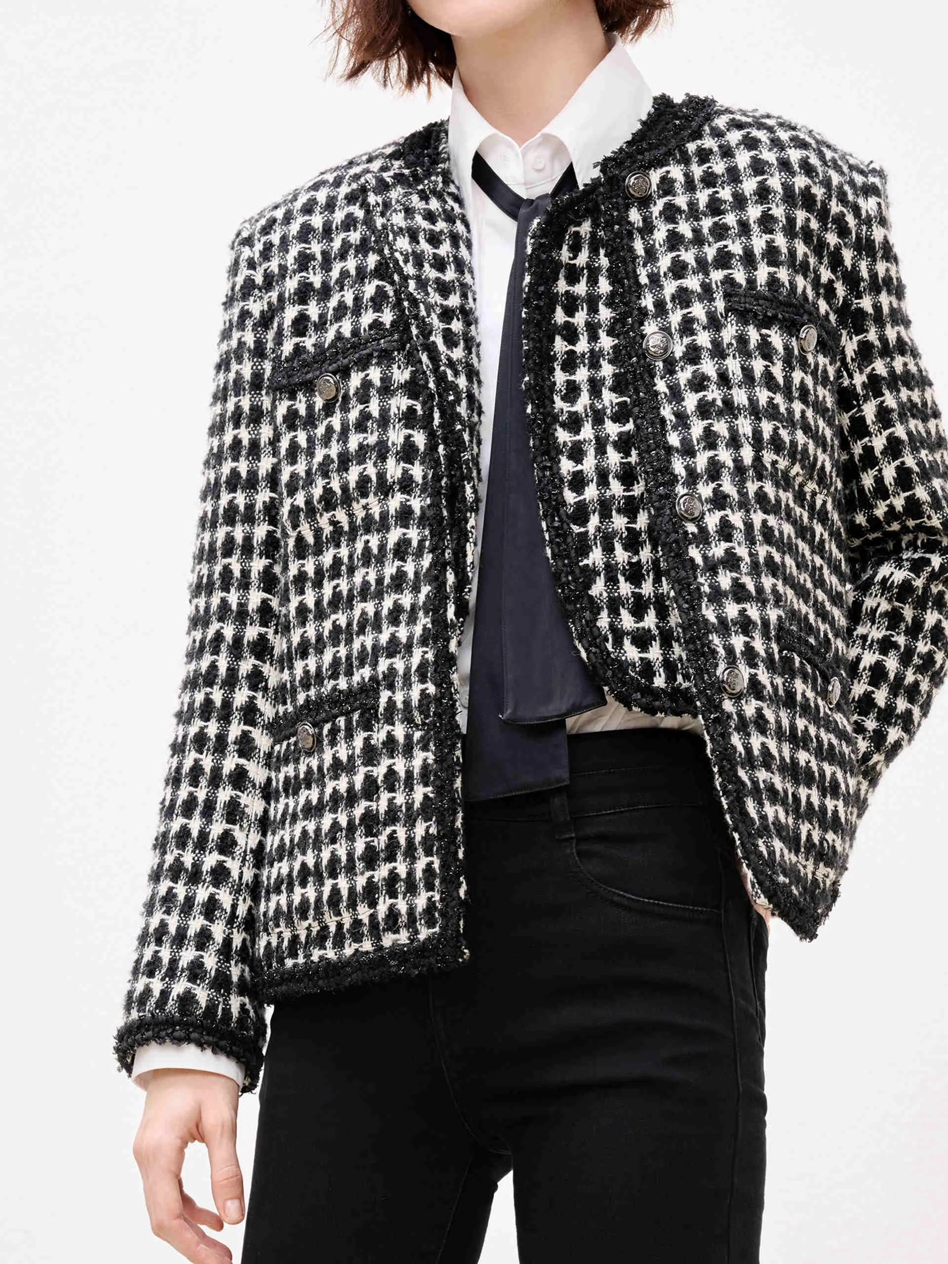 Collarless Checked Tweed Jacket