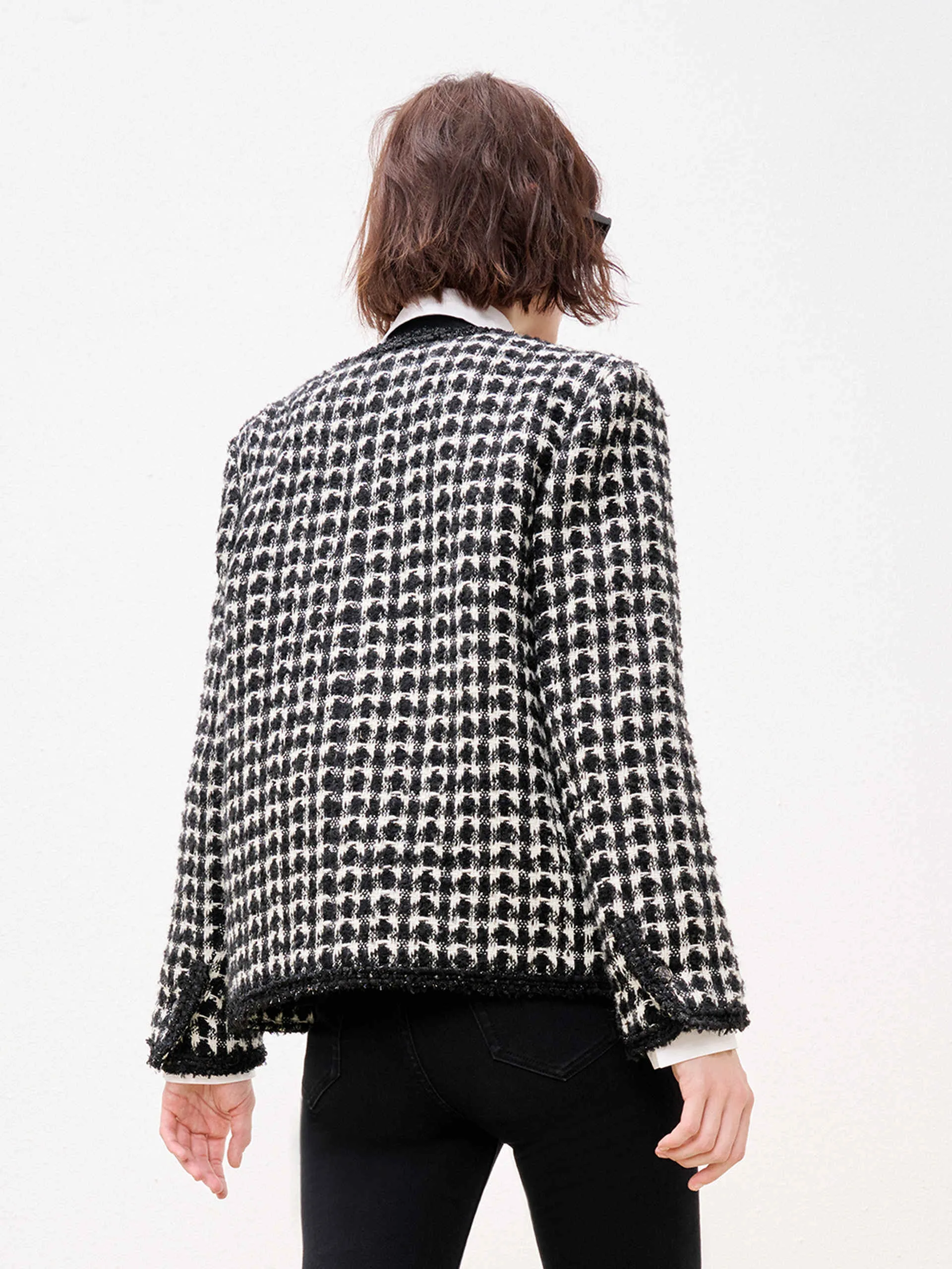 Collarless Checked Tweed Jacket