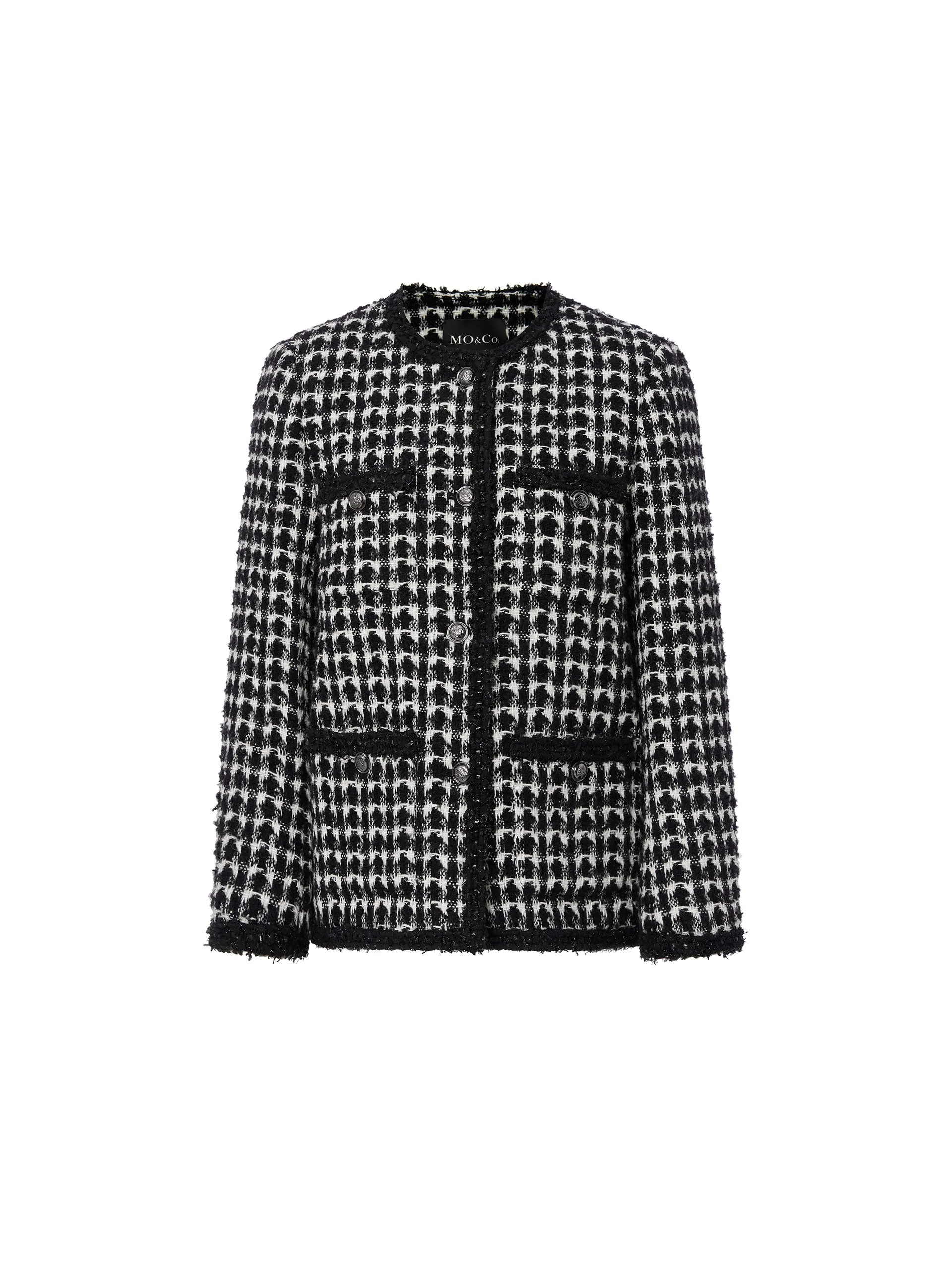 Collarless Checked Tweed Jacket