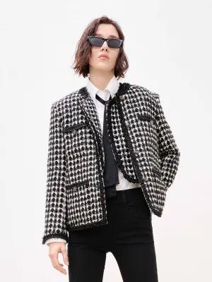 Collarless Checked Tweed Jacket