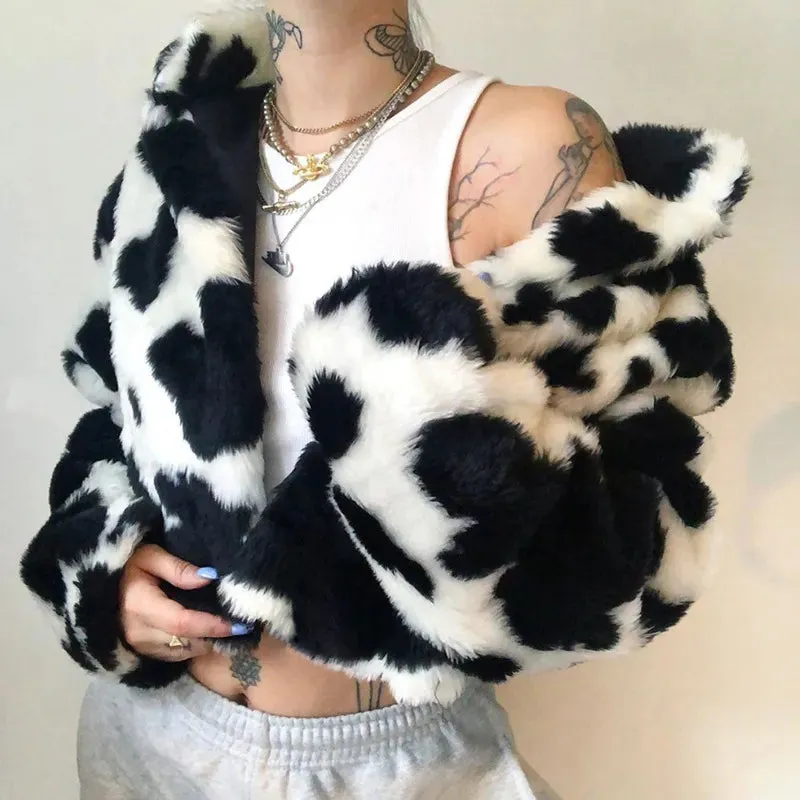 Cow Print Faux Furry Cropped Coat