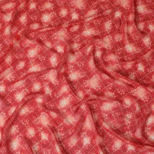 Crimson red Premium pure silk chiffon fabric with multicolor print in floral design-D16995