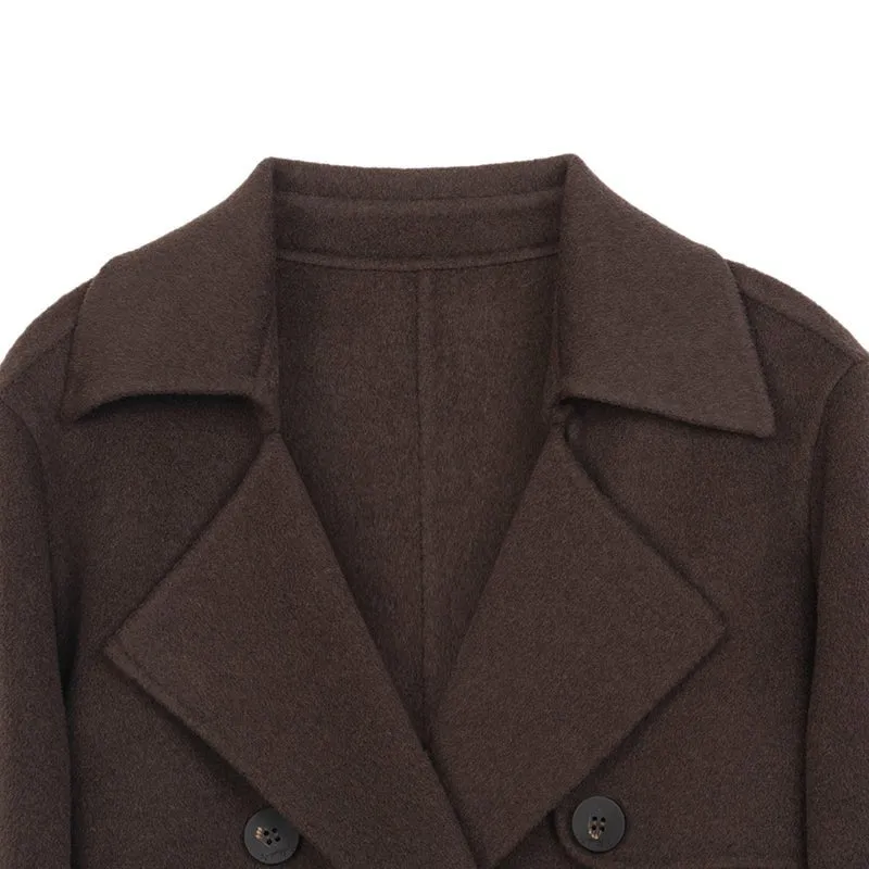 Dark Brown Short Belted Lapel Wool Winter Coat