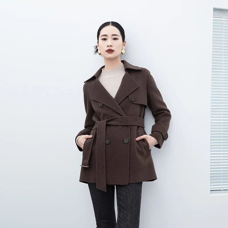 Dark Brown Short Belted Lapel Wool Winter Coat