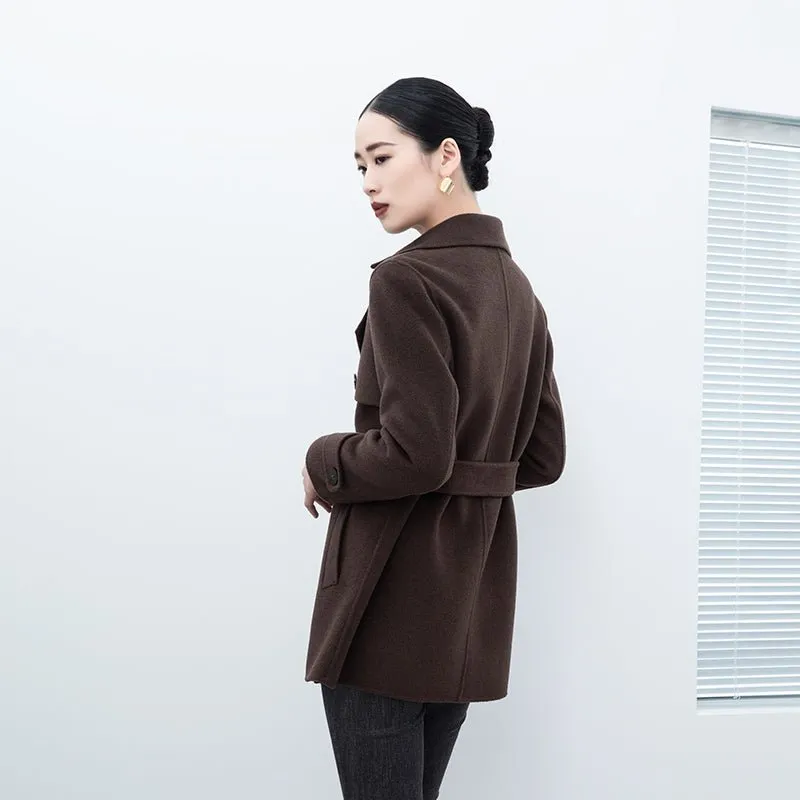 Dark Brown Short Belted Lapel Wool Winter Coat