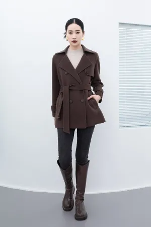 Dark Brown Short Belted Lapel Wool Winter Coat