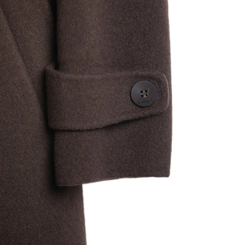 Dark Brown Short Belted Lapel Wool Winter Coat