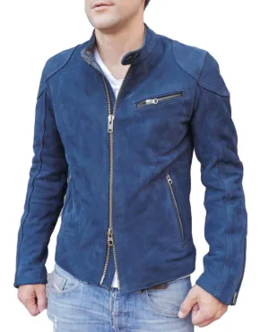 Designer Motorcycle Blue Fashion Suede Leather Jacket For Stylish Looking Men's