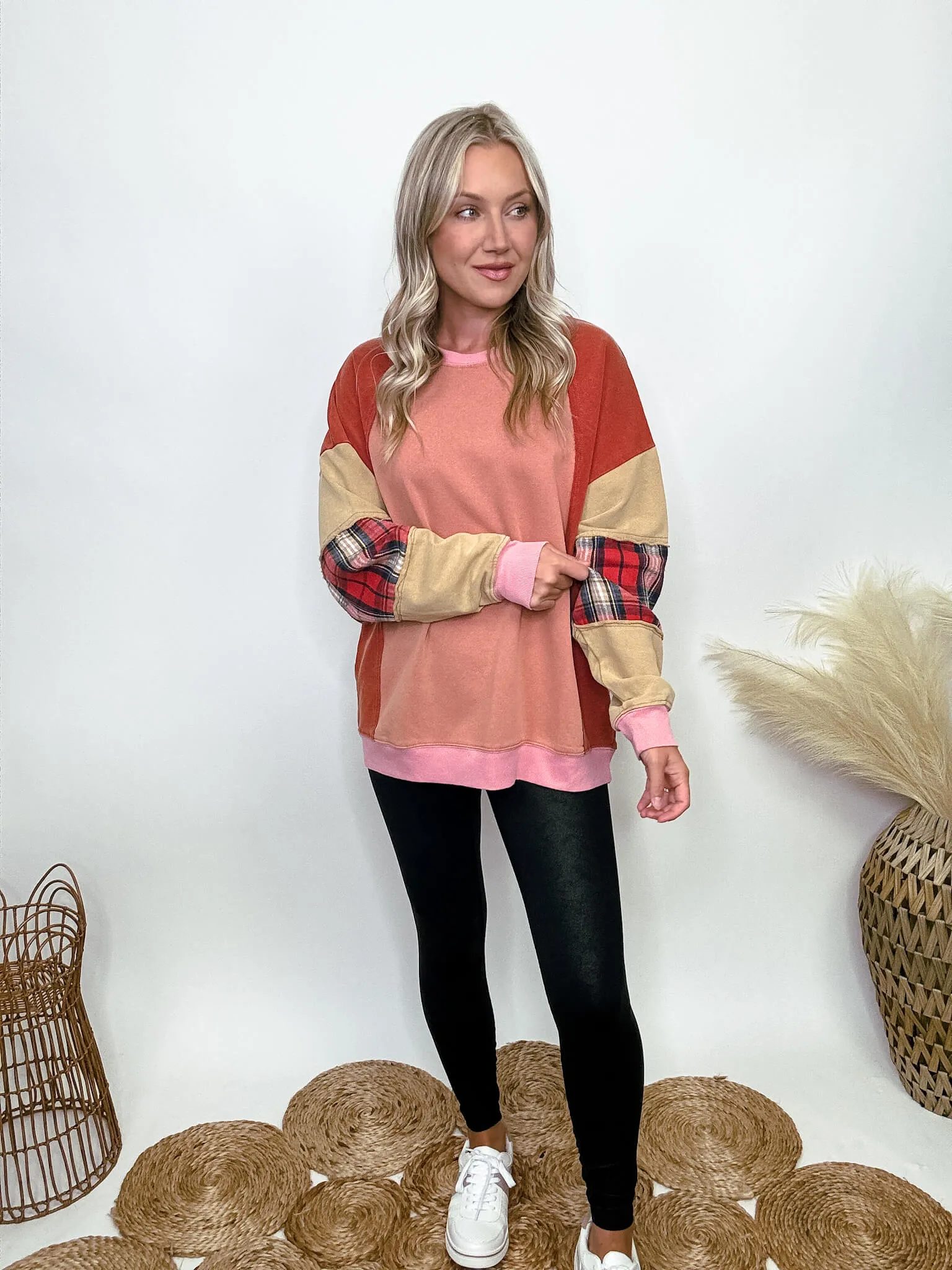 DOORBUSTER - Colorblock Pullover with Plaid Sleeve Patches