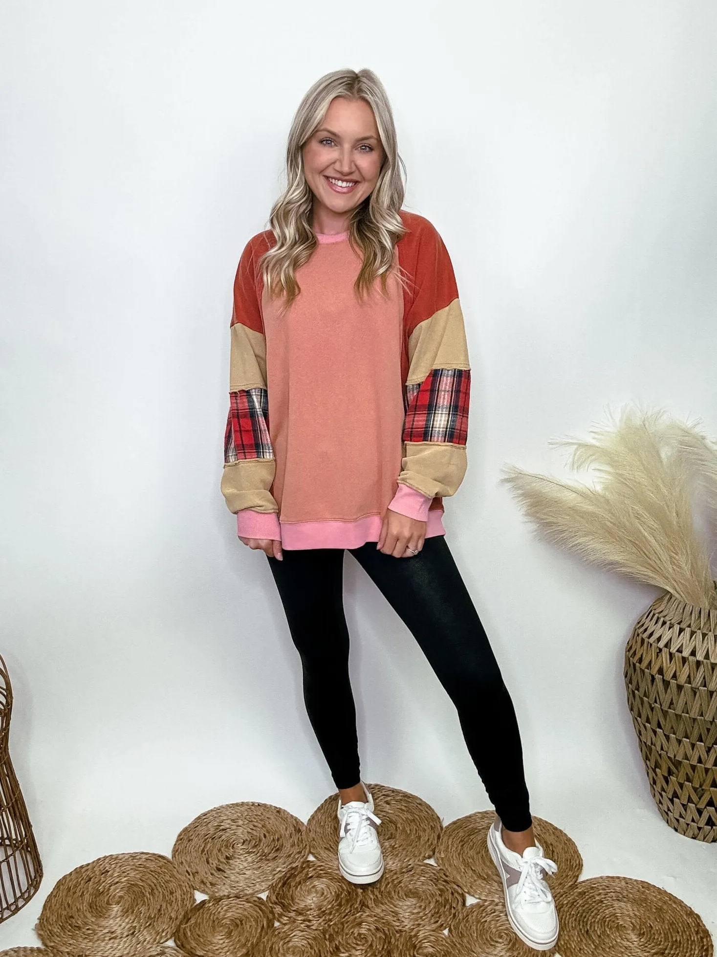 DOORBUSTER - Colorblock Pullover with Plaid Sleeve Patches