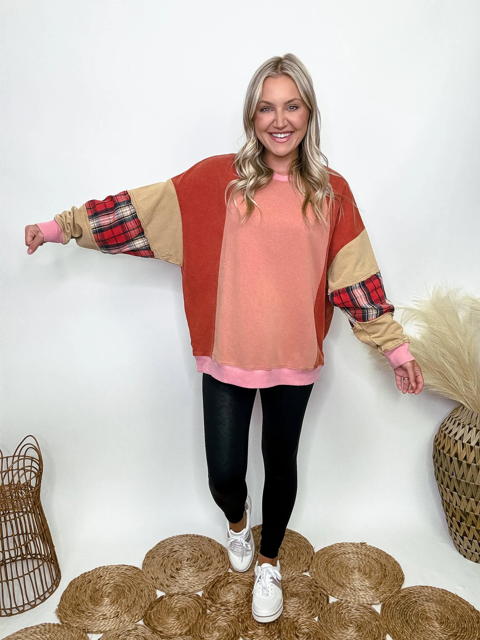 DOORBUSTER - Colorblock Pullover with Plaid Sleeve Patches