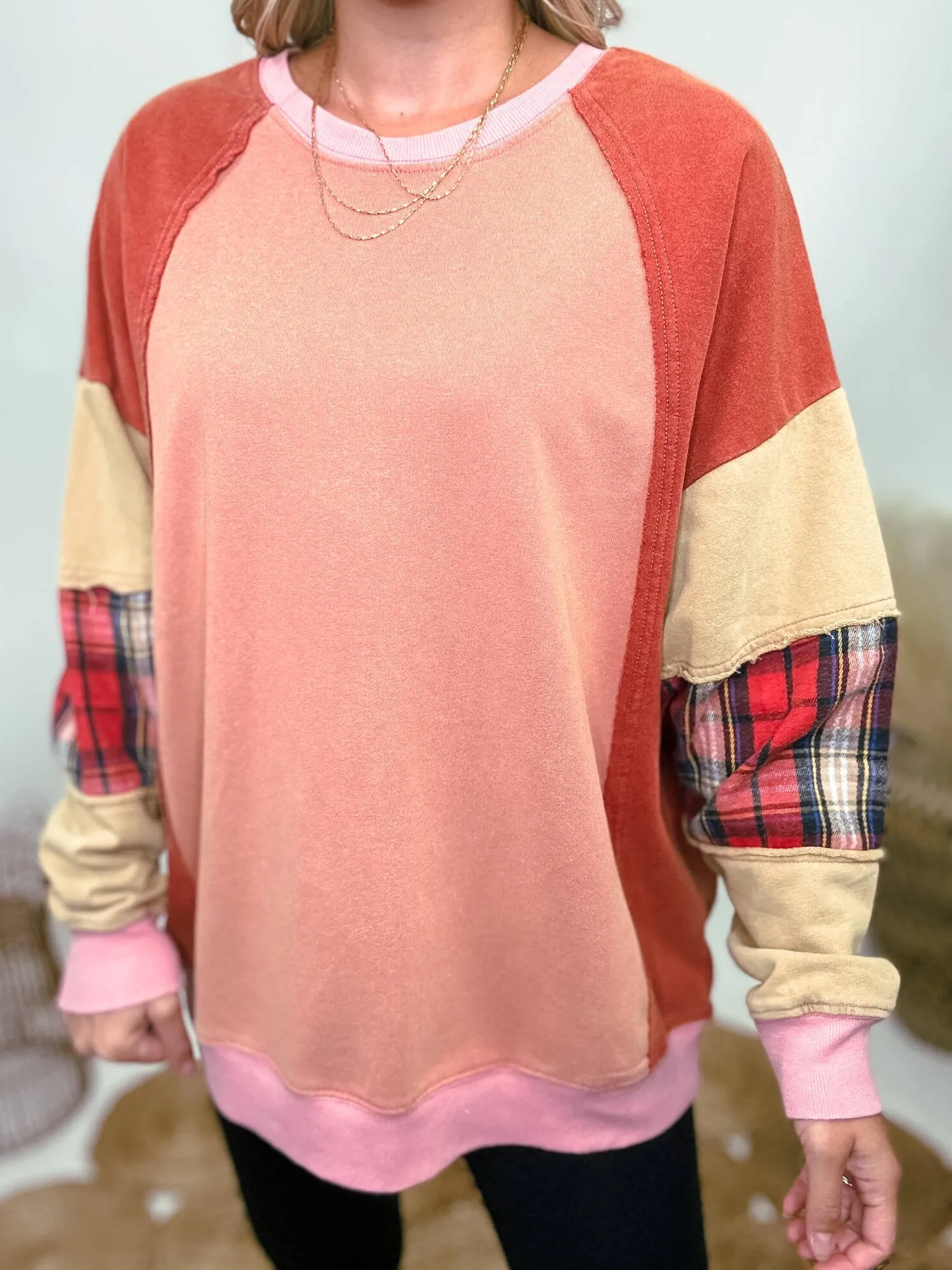 DOORBUSTER - Colorblock Pullover with Plaid Sleeve Patches