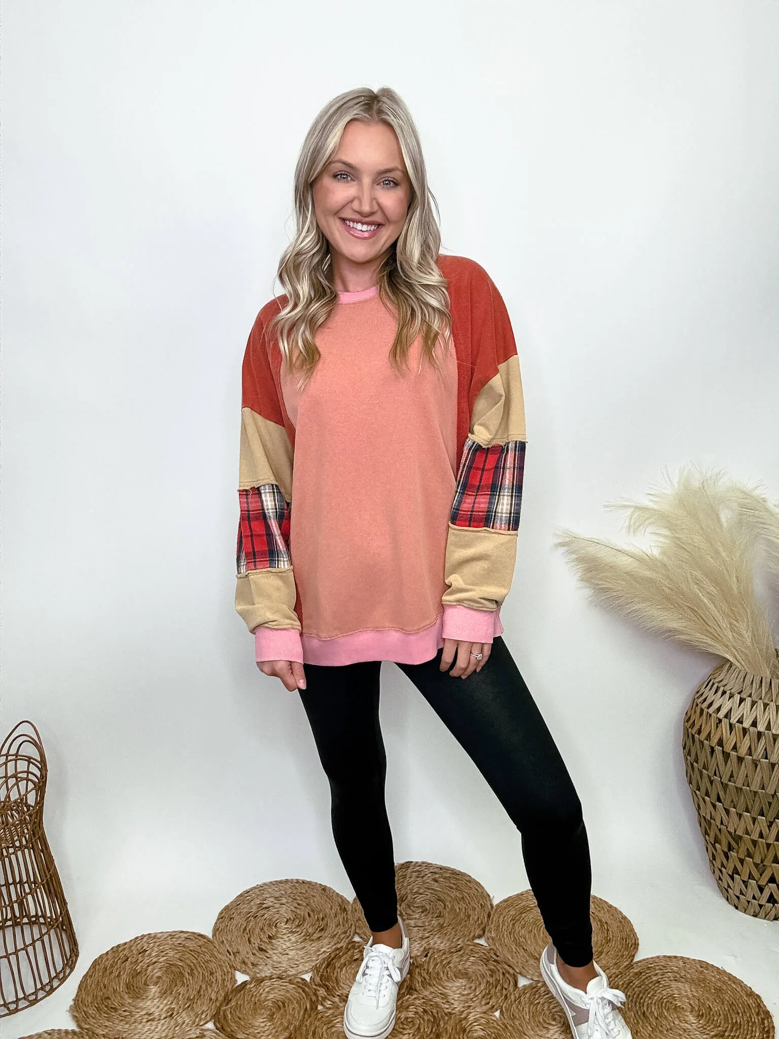 DOORBUSTER - Colorblock Pullover with Plaid Sleeve Patches