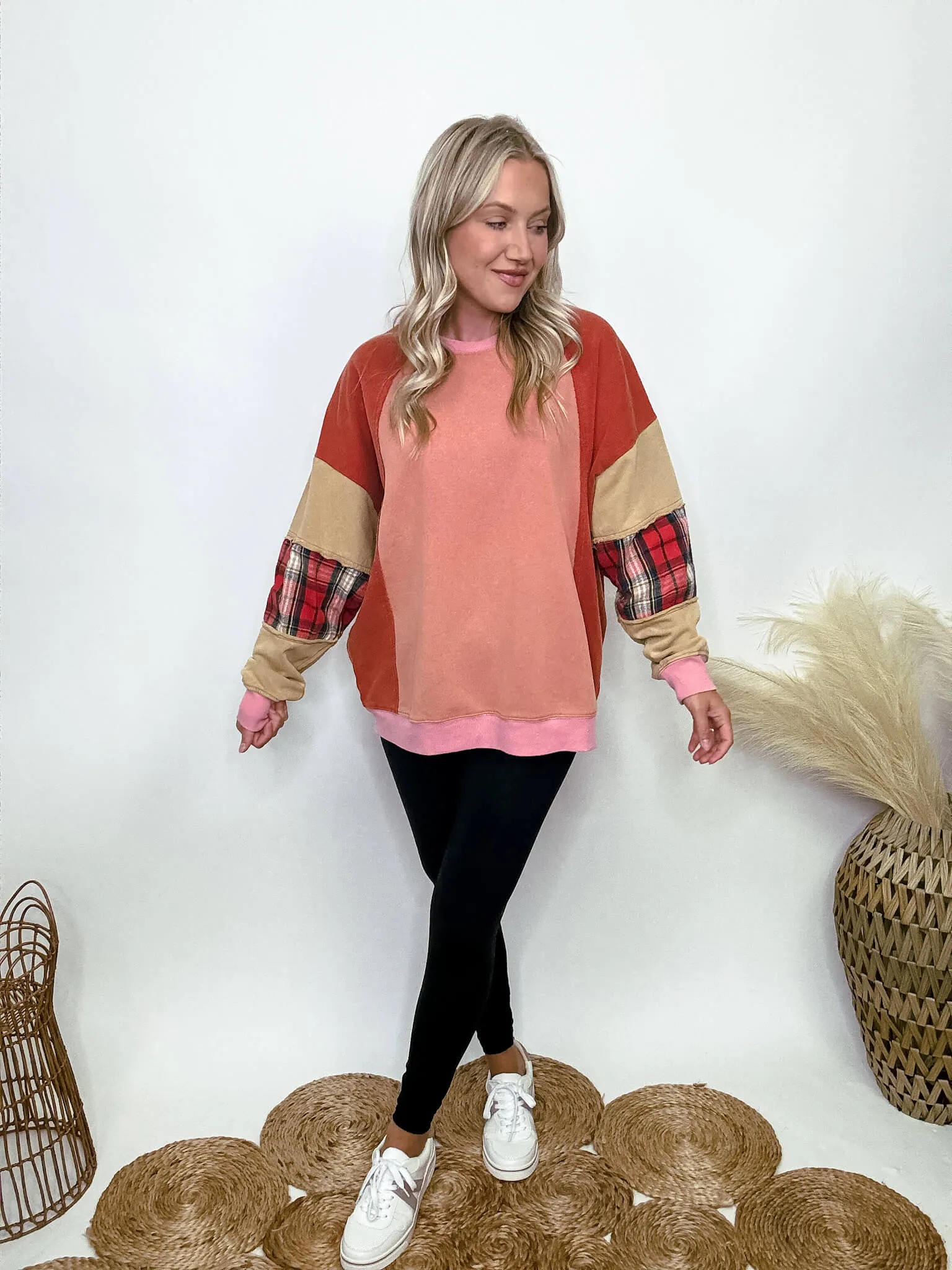 DOORBUSTER - Colorblock Pullover with Plaid Sleeve Patches