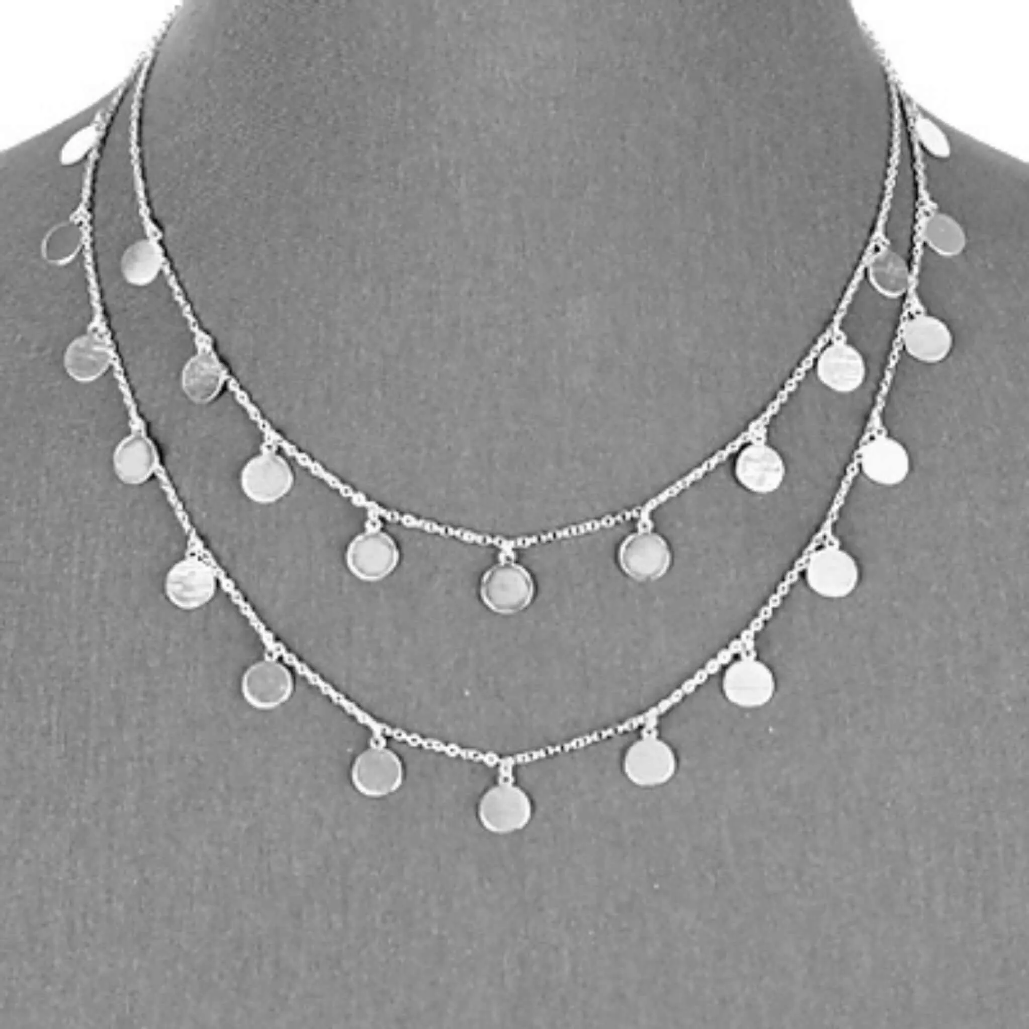 Double Chain Silver Disc Layered Necklace