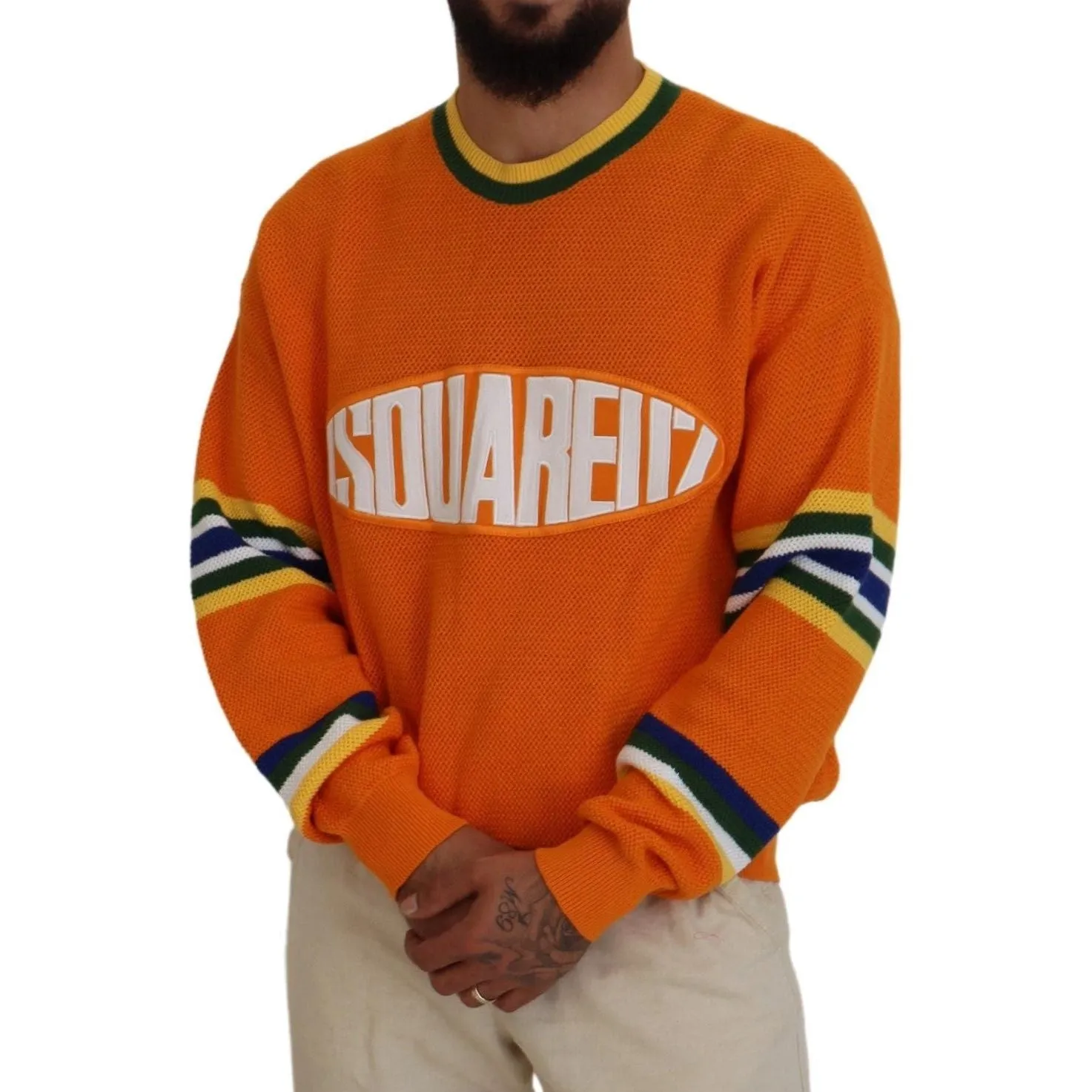 Dsquared² Orange Printed Long Sleeves Men Pullover Sweater