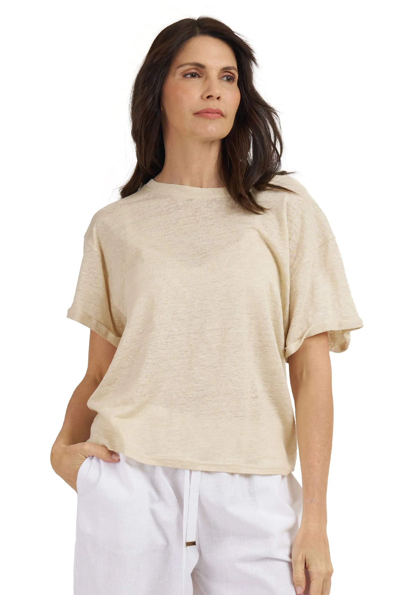 Francy-Linen Natural Rolled Sleeve T-Shirt