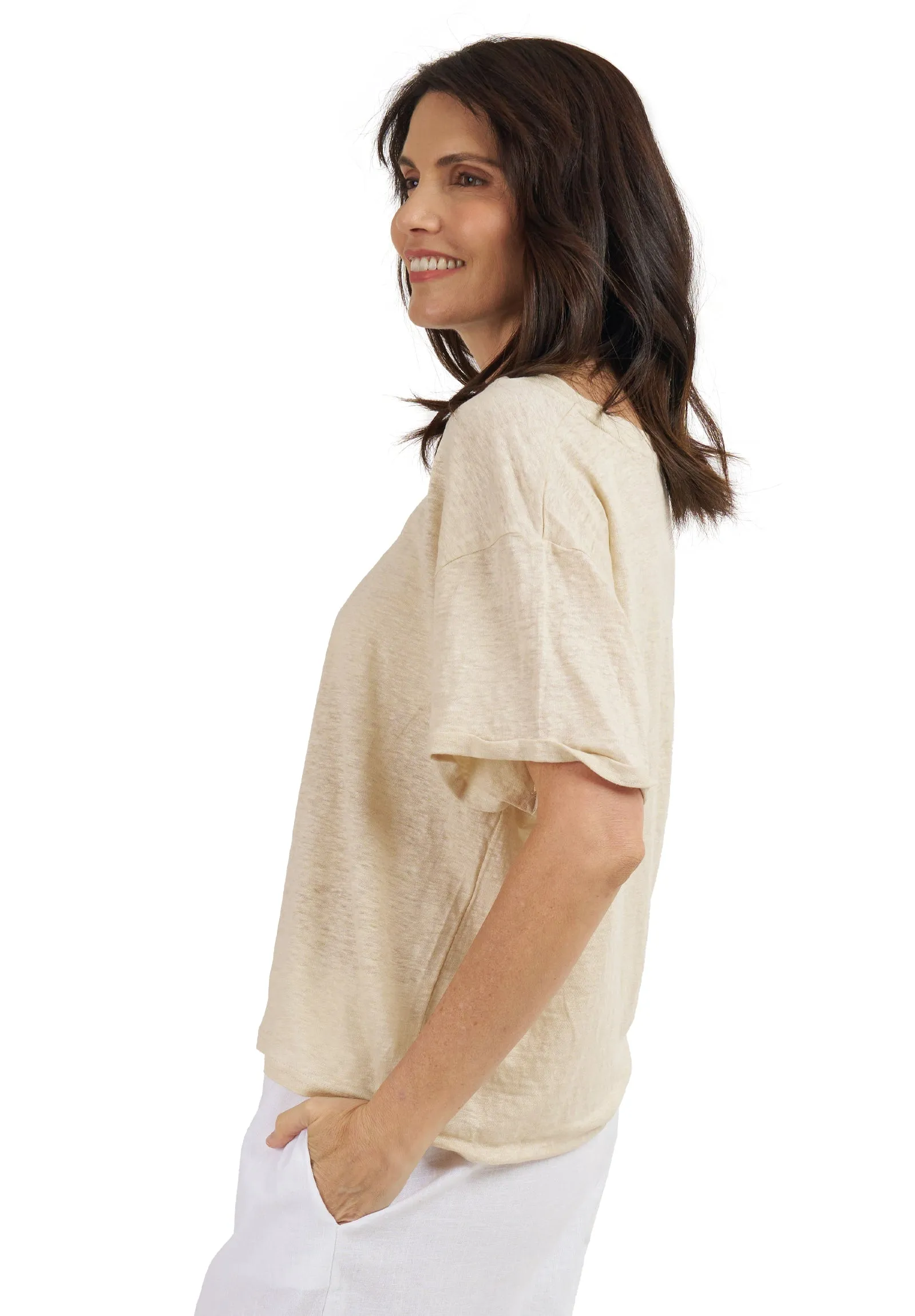 Francy-Linen Natural Rolled Sleeve T-Shirt