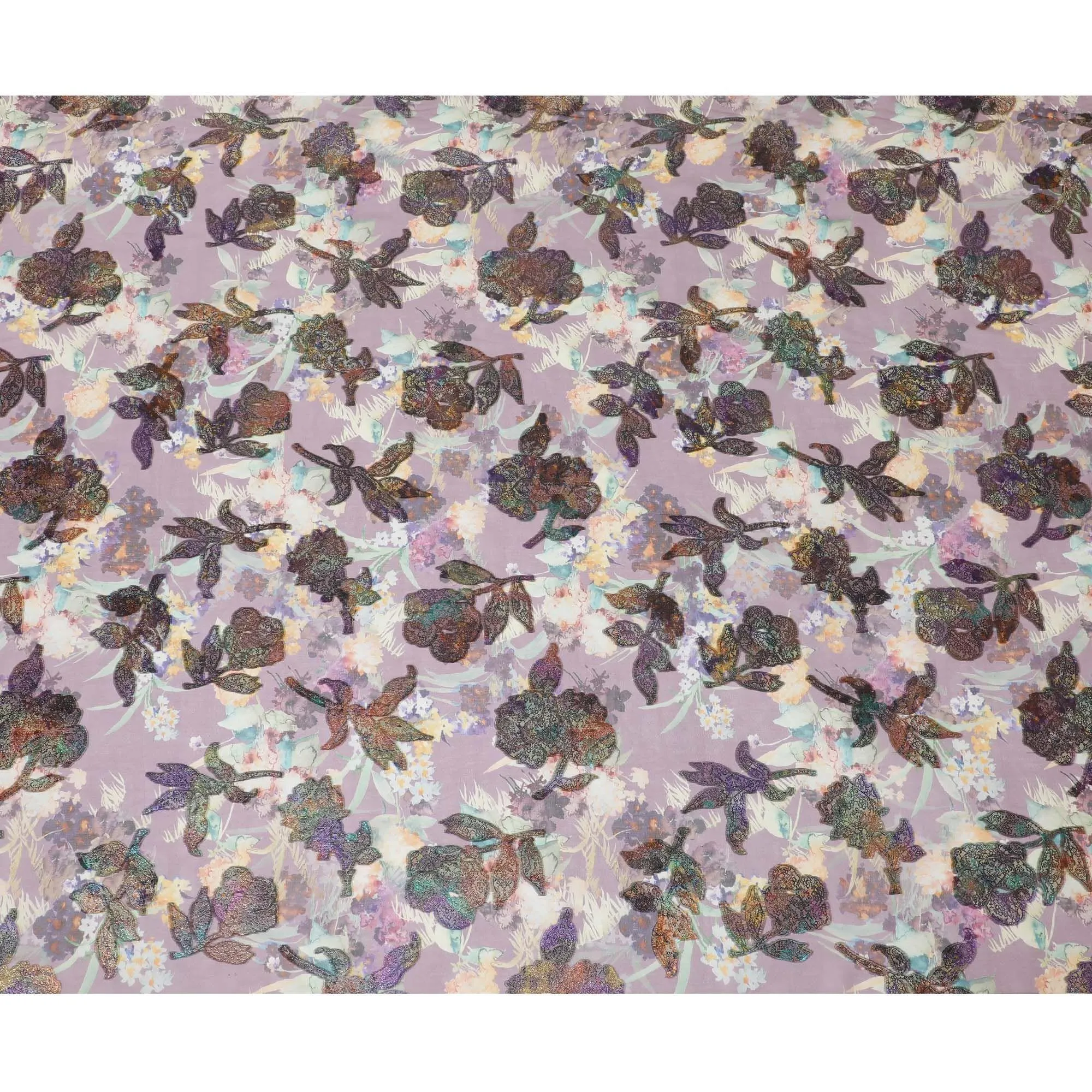 Heather purple premium pure silk chiffon fabric with multicolor print and multicolor metallic lurex in floral design-D9737