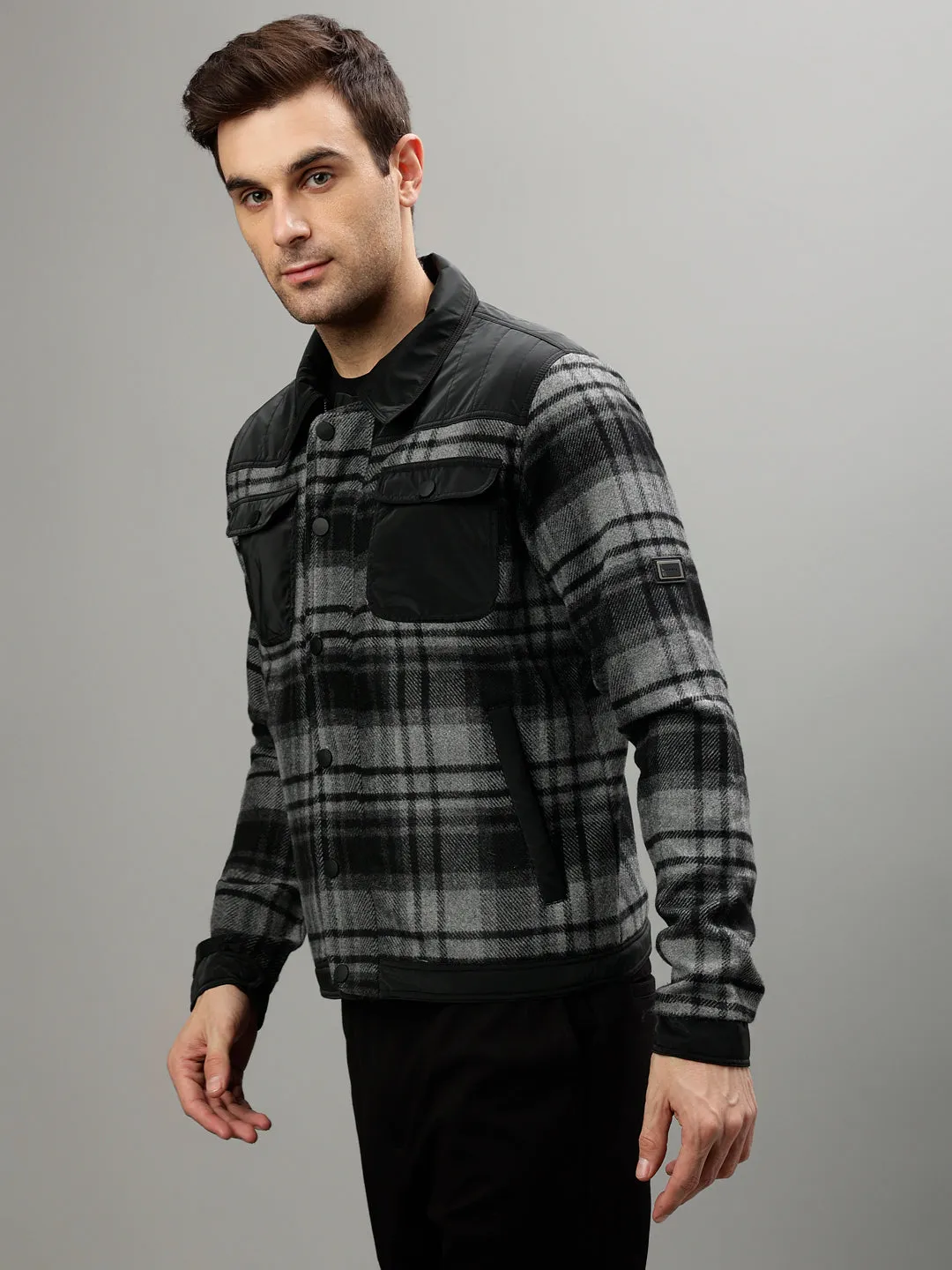 Iconic Men Black Checked Spread Collar Full Sleeves Jacket