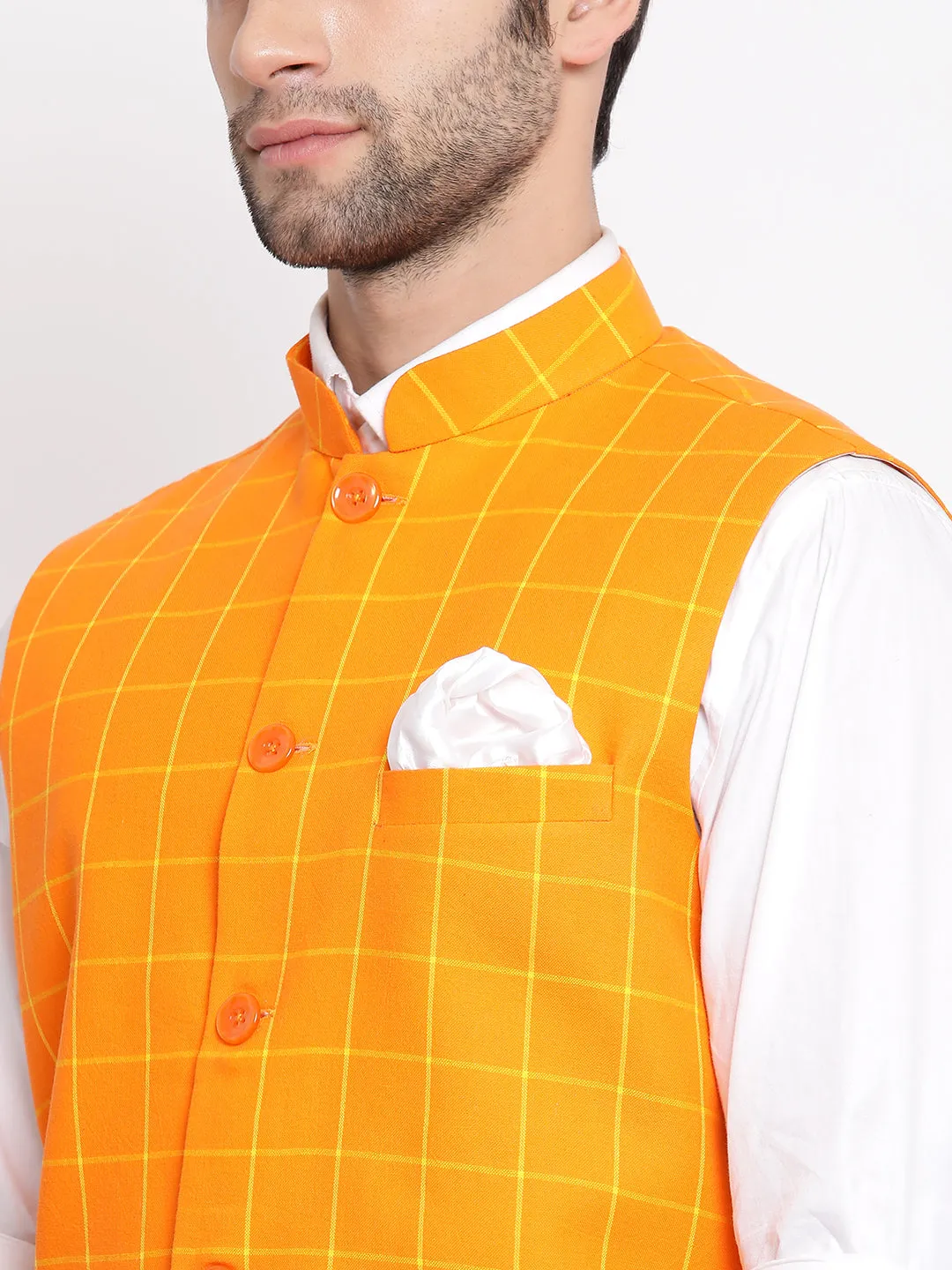 Jashvi Men's Orange Checkered Pattern Classic Nehru Jacket