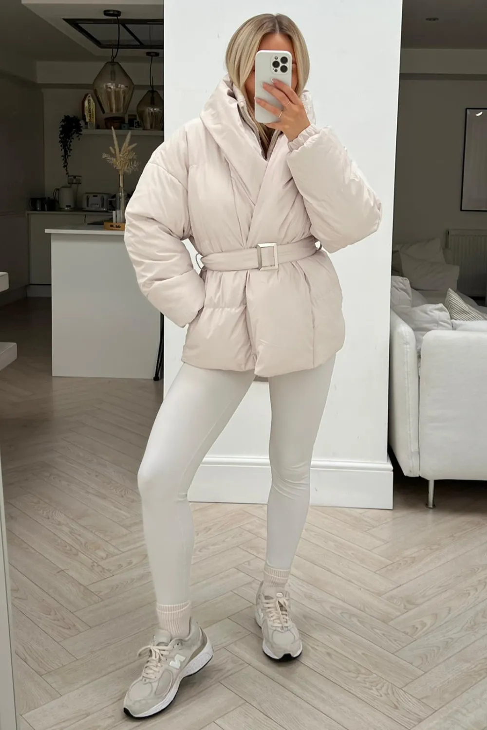 lauren beige short belted puffer coat