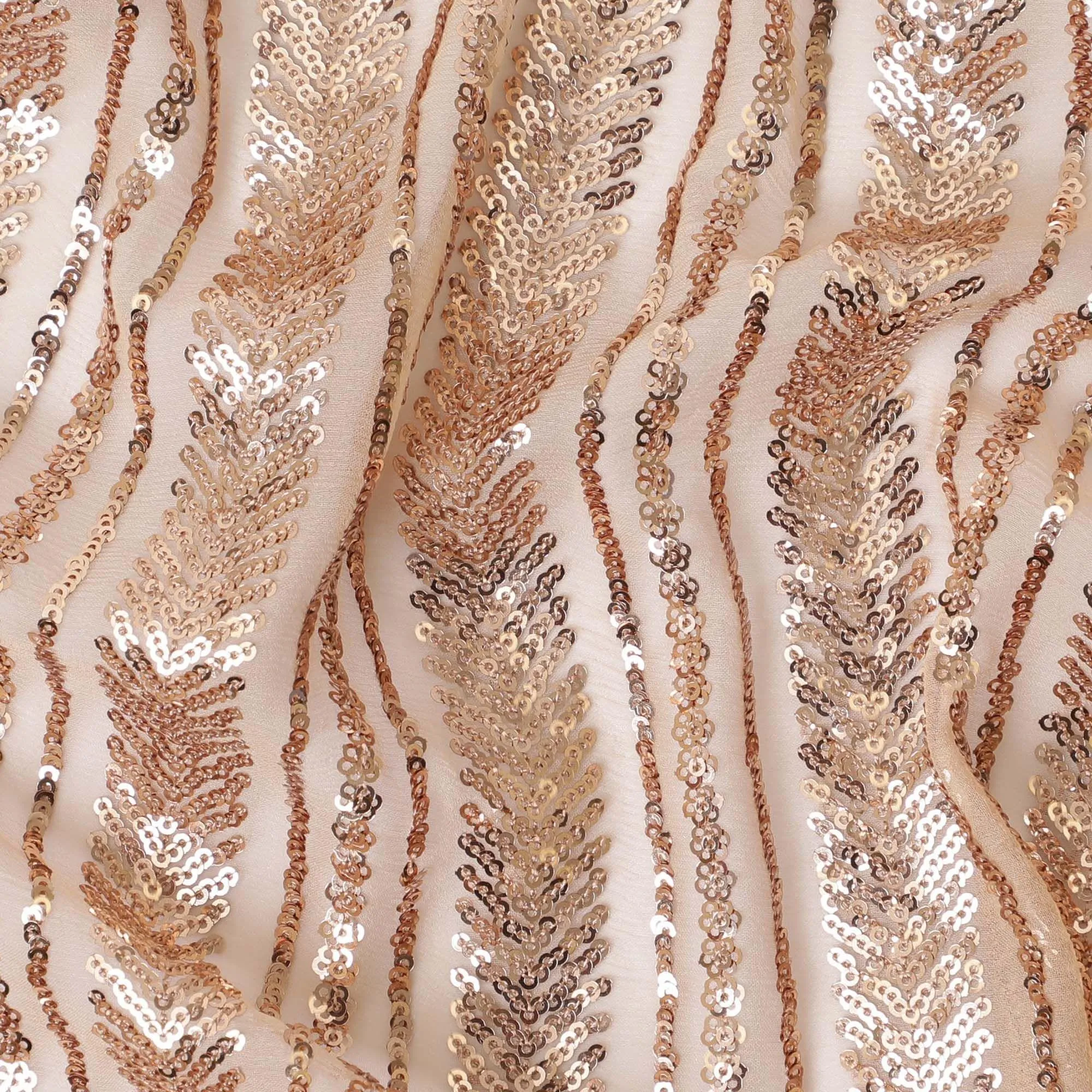 Light peach wrinkle chiffon fabric with gold sequins embroidered in stripe design-D12511