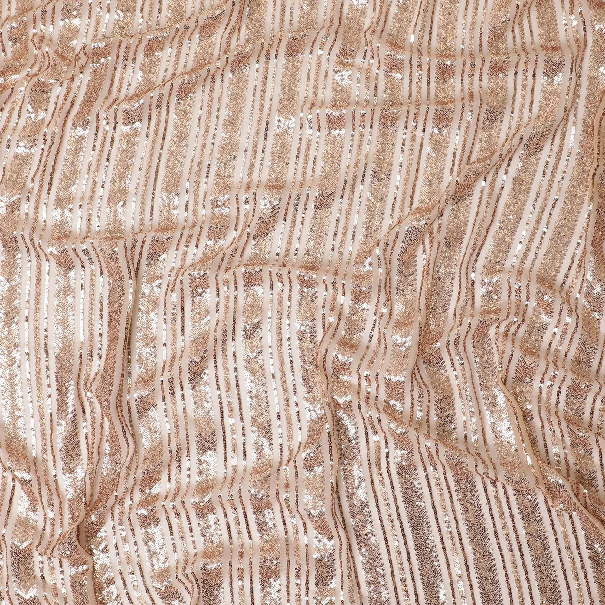 Light peach wrinkle chiffon fabric with gold sequins embroidered in stripe design-D12511