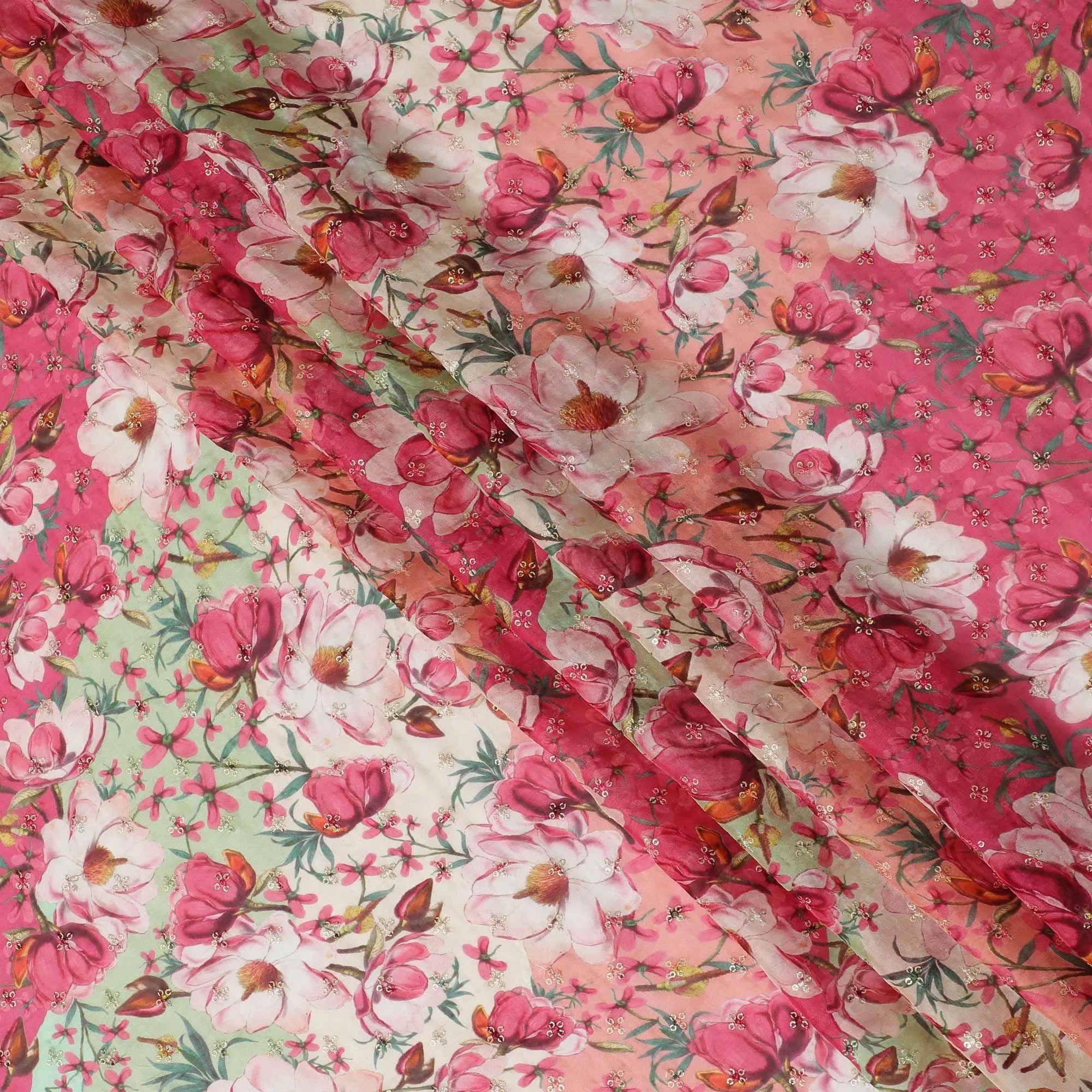 Magenta pink synthetic chiffon fabric with multicolor print having sequin embroidery in floral design-D15438