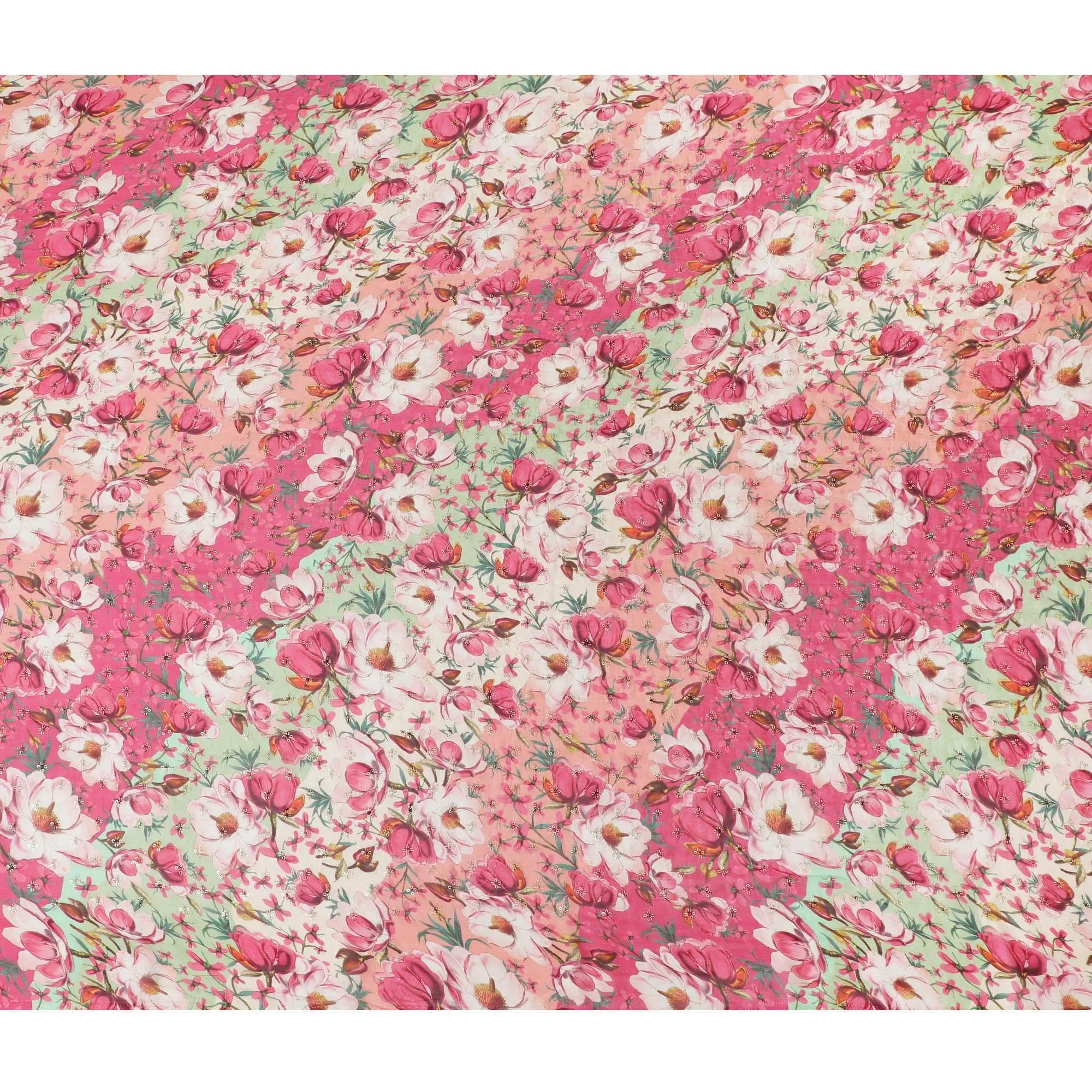 Magenta pink synthetic chiffon fabric with multicolor print having sequin embroidery in floral design-D15438